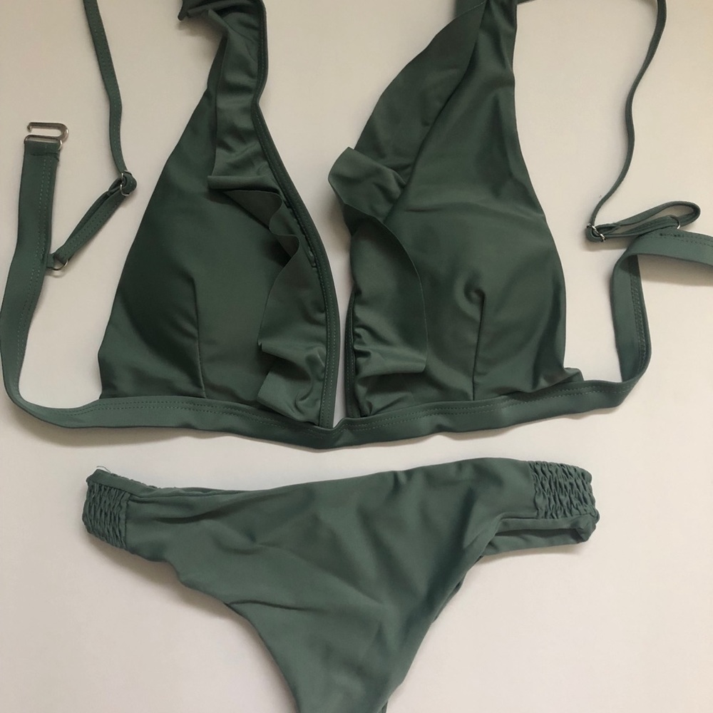 Dark green frilly top bikini
